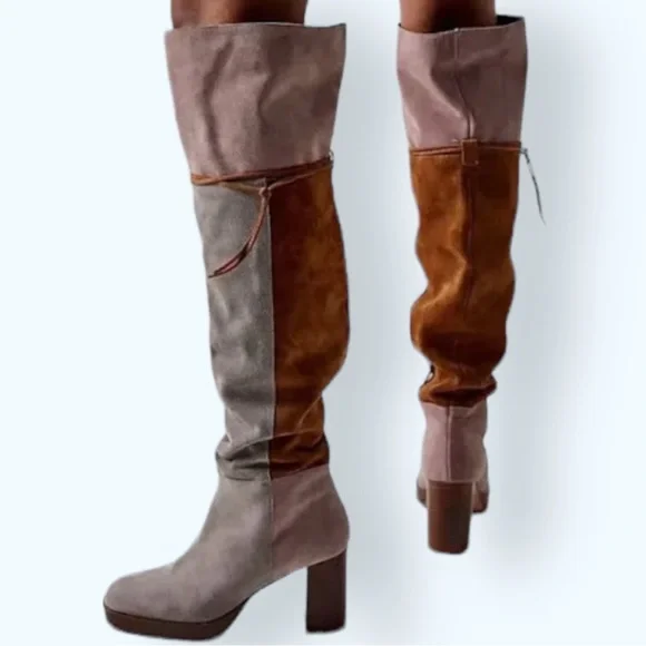 New Free People Patchwork Platform Over-The-Knee Tall Suede Leather Boots Italy